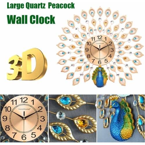 European Modern Design Wall Clocks Large 3D Diamond Crystal Quartz Peacock for Home Living Room Decor Bedroom Silent Wall Clock