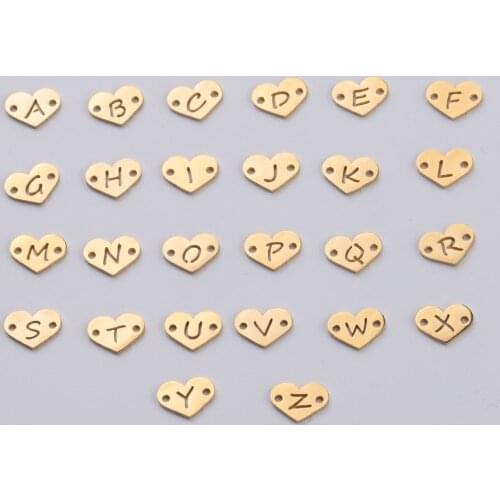 Fnixtar 26Pcs 1.2*12mm Mirror Polish Stainless Steel Heart Letter Charms Initials Alphabet Connector Charm For Braid Bracelets