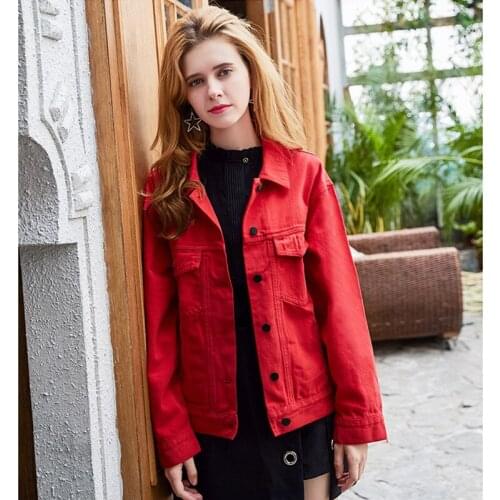 Cotton Red Womens Denim Jacket Autumn Spring Fashion Casual England Womens Windbreaker Outwear Ladies Female Jeans Coat Girls