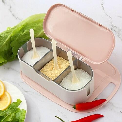 Seasoning Storage Box Container Sugar Bowl Seasoning Spoon Three Grid Household Kitchen Waterproof and Oilproof Storage Box