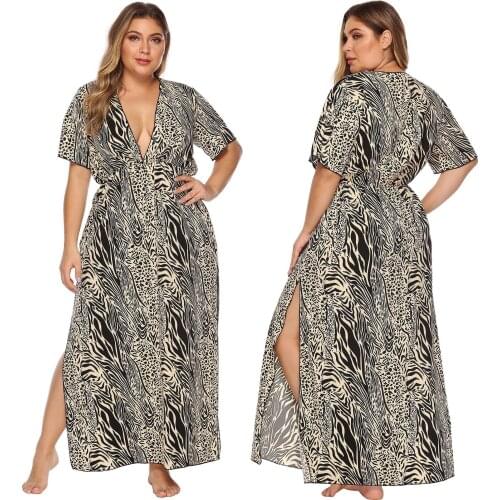 Summer Fashion Zebra Pattern V-neck Split Sexy Short-sleeved Beach Dress Large Size Loose Women Long Skirt -40