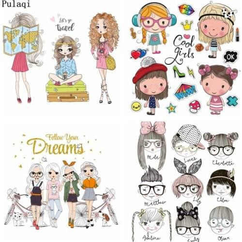 Pulaqi Cartoon Girl Ironing Stickers Heat Transfers Vinyl Patches Thermal Iron on Transfer for Clothes on Baby Appliques T-shirt