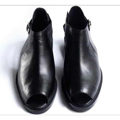 Black mens summer high ankle shaft summer cool boots sandals shoes full genuine top cow leather fish mouth toe shoes male