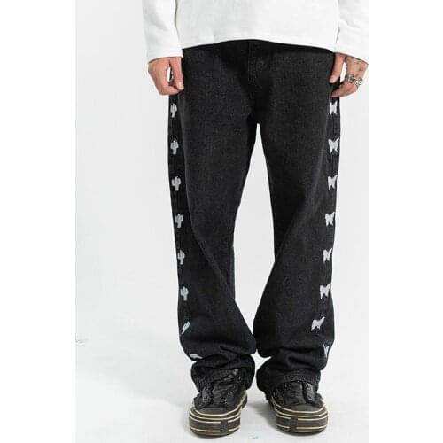 2021 New Mens Vintage Side Butterfly Embroidered Straight Jeans Pant Male Streetwear Hip Hop Casual Denim Trousers