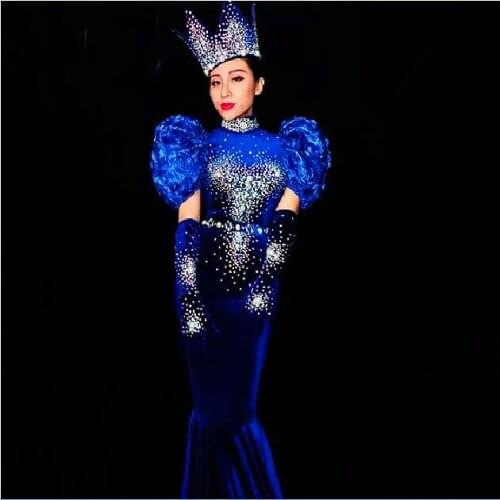 New Fashion Rhinestones Blue Dress Sexy Long Tail Outfit Nightclub Bar Female Singer Show Birthday Party Celebrate Stage Costume