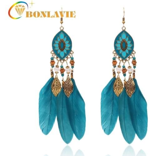 NUNCAD Jewelry Wholesale Bohemian Ethnic Wind Rice Beads Leaf Tassel Feather Earrings Color Oil Drop Earrings Good Quality