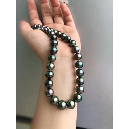 HUGE AAA 10-11MM ROUND SOUTH SEA GENUINE BLACK GREEN PEARL NECKLACE 18" 925silver GOLD