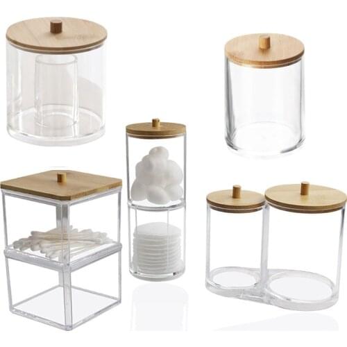 Bathroom Organizer Cosmetic Storage Box Cotton Ball Qtip Holder Brush Holder Makeup Transparent Storage Tank Bamboo Cover