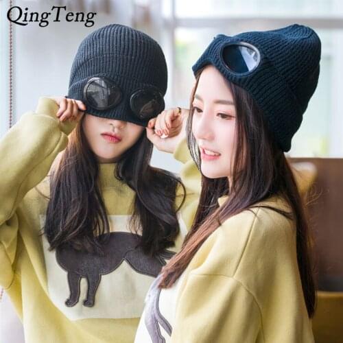 Casual Winter Ladies Knitted Hat with Removable Glasses for Women Men Warm Ear Flaps Beanies Skullies Ski Cap Outdoor Sports Cap