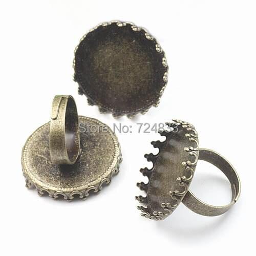 Blank Bezel Ring bases w/ Inner 25mm Crown Round tray Pads Adjustable Ring Settings Antique Bronze tone
