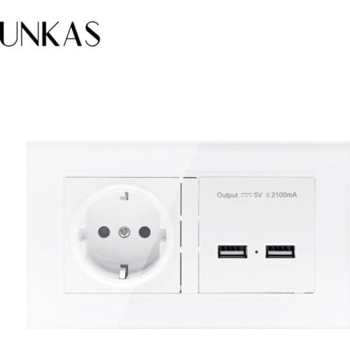 UNKAS Crystal Glass Panel Wall Socket EU Standard Power Outlet With Dual USB Smart Induction Charge Port For Mobile 2.1A