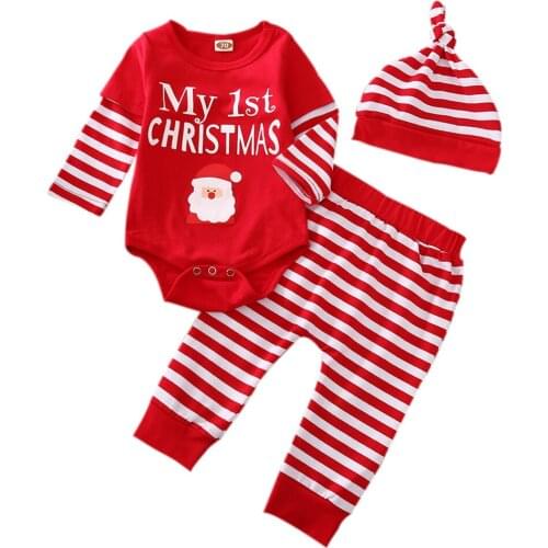 2020 Christmas Baby Girls Boys Clothing Set O-neck Stitching Long Sleeve Cartoon Santa Print Top+ Striped Plaid Pants+ Hat 0-12M