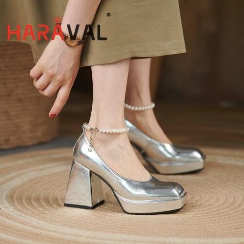 HARAVAL Women Pumps Thick Heels Black White Sliver Leather Shoes Slip On Elegant Lady Footwear Platform Waterprof High HeelsA242