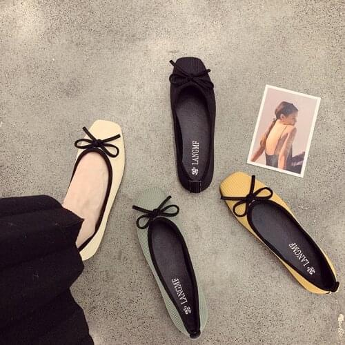 Womens Shoes Korean Shallow Mouth Butterfly-Knot Flat Shoes Fashion Comfort Pregnant Woman Peas Shoes Square Head Single Shoes
