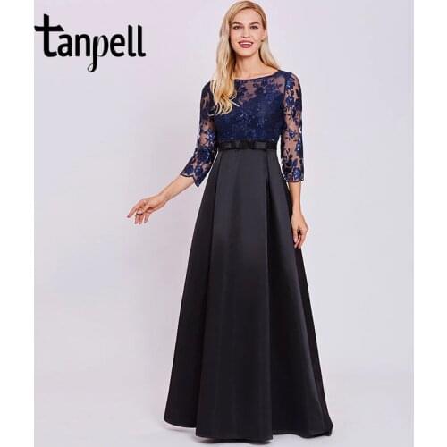 Tanpell lace sequins long evening dress dark royal blue full sleeves floor length a line gown women scoop formal evening dresses