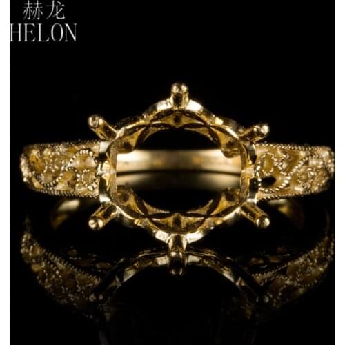 HELON Solid 14k Yellow Gold AU585 Women Trendy Fine Jewelry Semi Mount Engagement Wedding Ring Setting Fit Round Cut 11-12mm