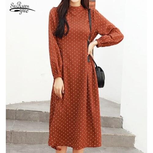 Office Lady A-Line Dot Zippers Knee-Length Dresses 2021 Long Sleeve Dress Empire Stand Red Dress Elegant Dress Women 8559 50