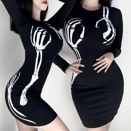 Woman Long Sleeve T-shirt dress skeleton Printed O Neck Bodycon Mini Punk dress S-L 92219