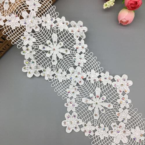 1 Yard White 3D Rhinestones Diamond Lace Trim Ribbon Embroidered Applique Glitter Patches DIY For Wedding Dress Clothes Shoes
