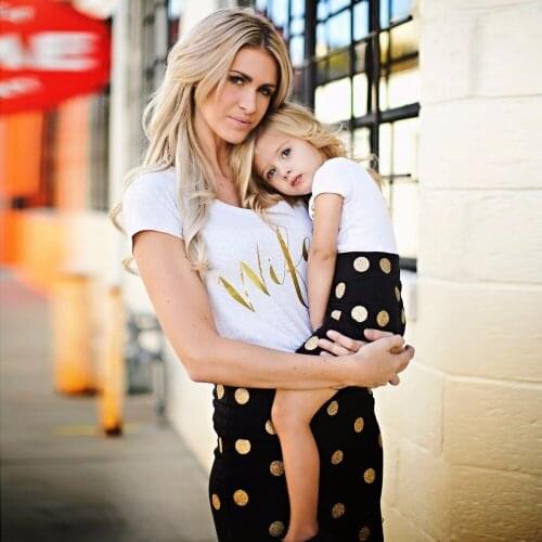 2020 Fashion Family Clothing Matching Mother And Daughter Clothes Letter Print T-shirt +Polka Dot Sets Mother Daughter Dresses