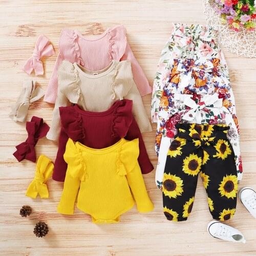 3PC Baby Girl Clothes Set Newborn Kids Clothing Long Sleeve Ruffles Romper Bodysuit+Floral Pants Outfits Infant New Born Clothes
