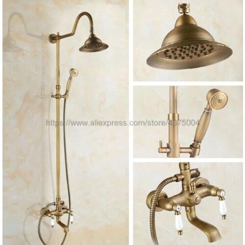 Antique Brass Wall Mount bath shower faucets set bathroom mixer shower bathtub taps rainfall shower shower head Nan803