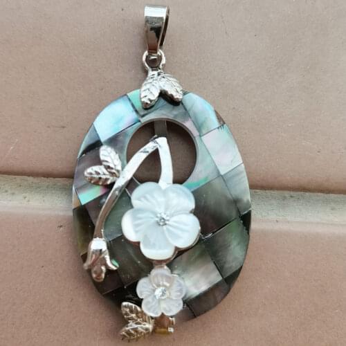 Free shipping Fashion Jewelry Black Mother of pearl Shell Oval Flower Art Pendant Bead MC9901