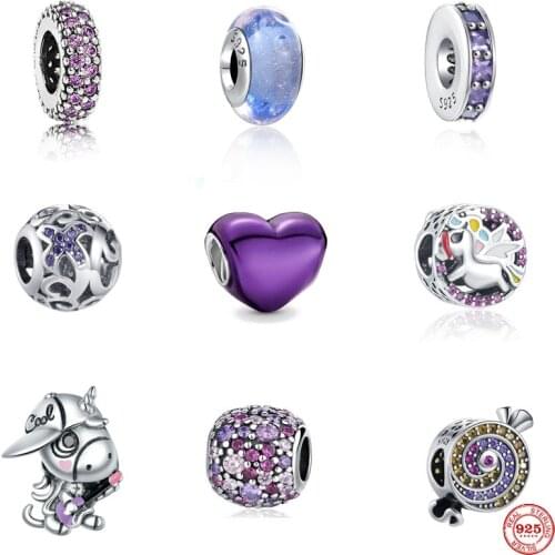 925 Sterling Silver Purple Pave Enamel Heart Beads Fit Original Pandora Bracelet&Bangle Making Fashion DIY Jewelry For Women