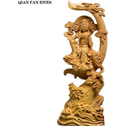 Wooden carved sun and moon Guanyin statue Modern art sculpture Chinese Guanyin Bodhisattva Home living room decoration statue