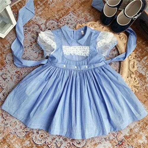 Baby girl summer vintage Spanish plaid mesh stitching princess dress kids cute puff sleeve big swing dress