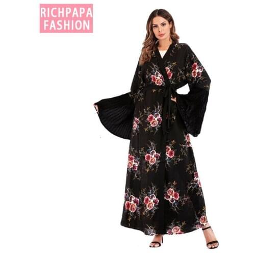 Muslim Print Abaya Flare Sleeve Maxi Dress Cardigan Long Robe Gowns Jubah Kimono Ramadan Arab Islamic Turkish Worship Service