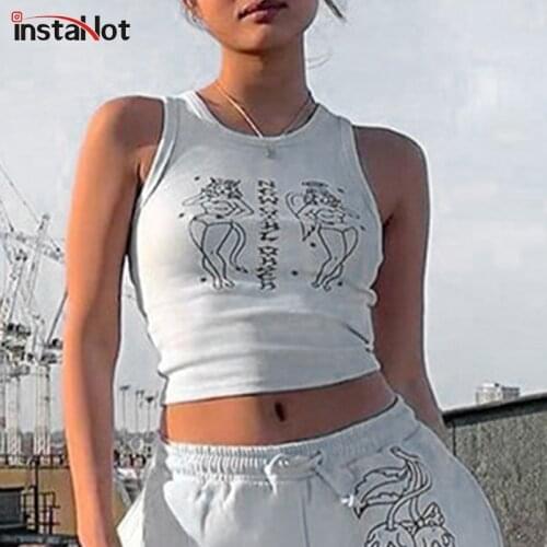InstaHot Cartoon Harajuku Printing Tank Top Basic Summer Crop Top 2021 Streetwear Women Slim Rib Knit White Sleeveless Tee Top