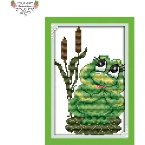 Joy Sunday Green Frog Home Decoration D570 14CT 11CT Stamped and Counted Animal Needlepoints Cross Stitch Kits