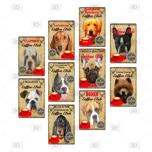 Coffee Shop Pet Pattern Metal Plaque Dogs Coffee Plaque Metal Vintage Tin Signs Coffee Cafe Bar Wall Poster Pub Art Painting