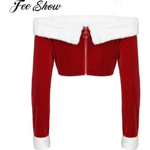 Red Color Women Lady Velvet Tops Boat Neck Bare Shoulder Crop Top Blouse for Christmas Party Masquerade Costume Photography