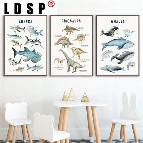 LDSP Living Home Decor Dinosaurs Whale Shark King of Sea and Land Canvas Painting Wall Art Print Poster Picture Modern Kids Baby