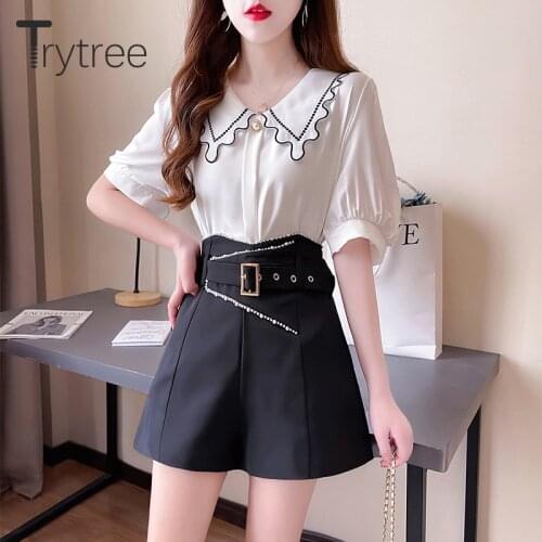 Trytree Summer Women Two Piece Set Casual Ruffled Peter Pan Collar Blouse + Pearls Flare Shorts Zipper Office Lady 2 Piece Suit