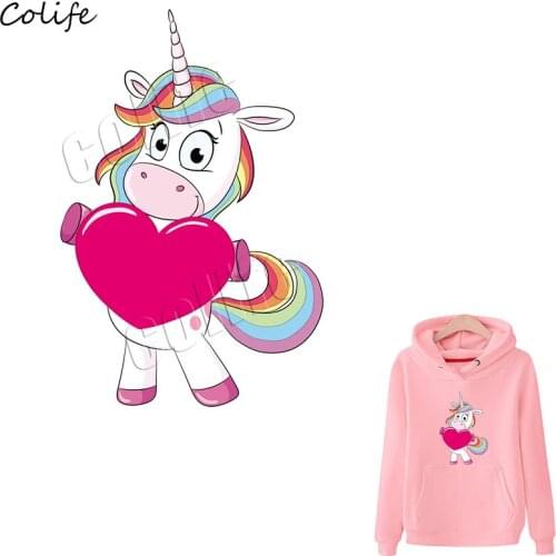 Cute Unicorns With Pink Heart Fashion Patches Heat Transfer For Family DIY Garment Accessory Washable Sticker Iron On Applique