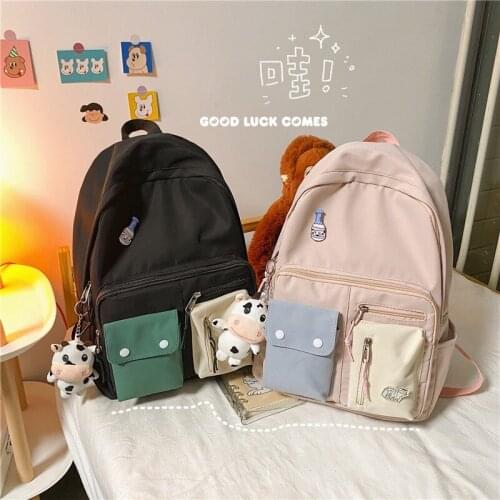 Harajuku Fashion Womens Backpack Contrast Color Nylon School bag For Girls Multi-pocket Large-capacity School Backpacks