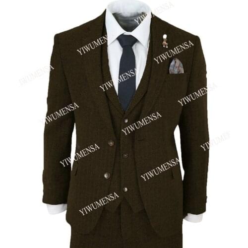 YIWUMENSA Winter Brown Tweed Mens Suits Formal Business Herringbone Ternos Sob Medida Terno Masculino Slim Fit Grooms Tuxedo