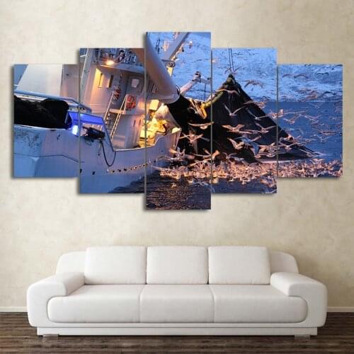 Wall Art Picture Home Decoration 5 Panel Seagulls Boat Landscape Poster Frame Living Room HD Printed Modern Painting Artwork