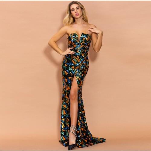 New Arrival Sequin Long Maxi Dress 2020 Sexy Summer Strapless Evening Celebrity Runway Party Vestido High Split Multicolor Dress