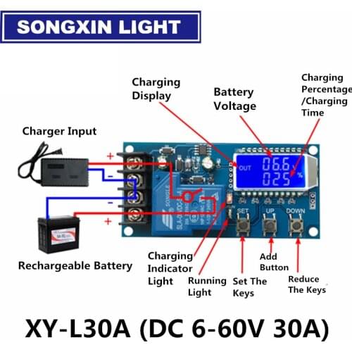 1PCS DC 6-60v 30A Storage Battery Charging Control Module Protection Board Charger Time Switch LCD Display XY-L30A