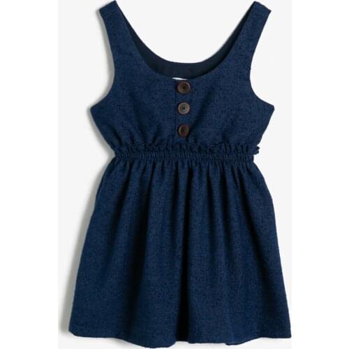 Button Detailed Dress Solid Color Polyester Hanging Collar Navy Blue