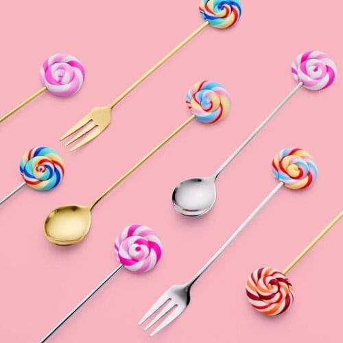 Cute 304 Stainless Steel Lollipop Fruit Fork Dessert Spoon Dinnerware Coffee Stirring Spoon Home Restaurant Tableware Kitchen