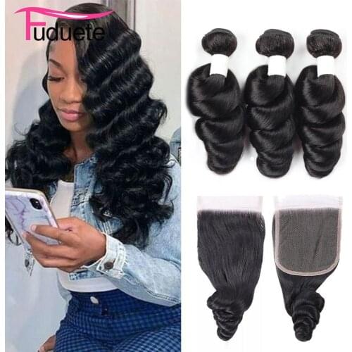 Loose Wave Bundles With Closure Brazilian Hair Weave Bundles With Closure Natural Human Hair Bundles With Frontal Remy Fuduete