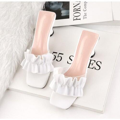 Women sandals PU Slip On 6CM Thin Heels High heels Square Toe Shallow women shoes sandalias mujer 2020 size 35-42 Pink