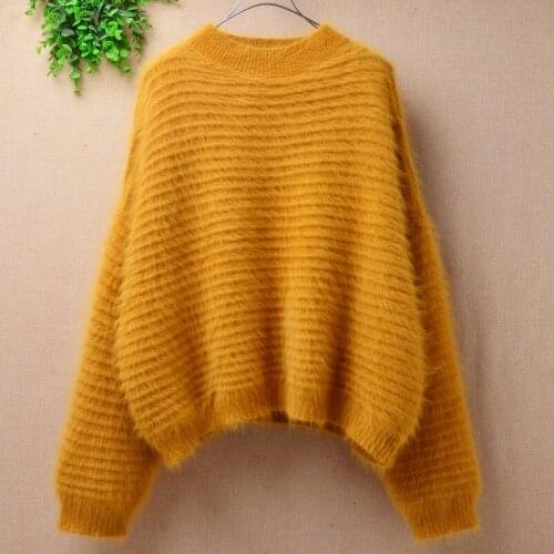 Ladies women crop top hairy plush angora rabbit hair knitted Full sleeves short style loose pullover angora fur outwear sweater