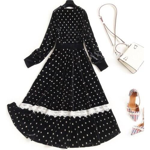 Velvet Runway Fashion Sleeve Autumn Winter Dots Print V-Neck Lace Patchwork Long Elegant Christmas Dress