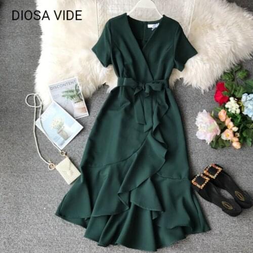 Temperament lotus leaf slit bandage Slim was thin V-neck short-sleeved dress female mid-length irregular free postage